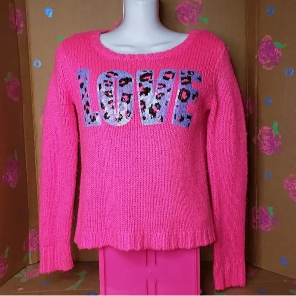 JUSTICE LOVE HOT NEON PINK SEQUINED SWEATER SIZE 12